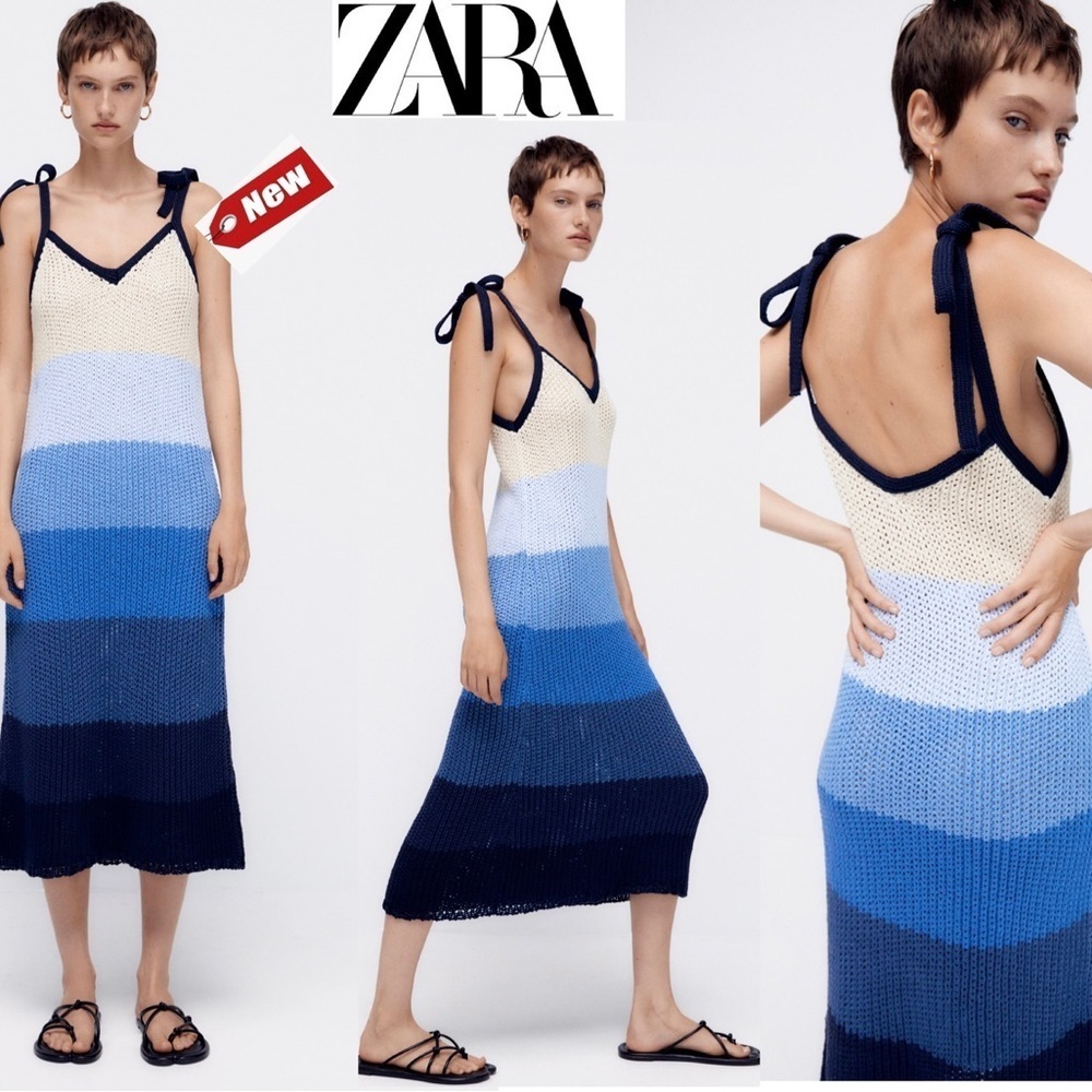 Zara Blue cream Striped Limited Edition Knit Midi Dress Sz S NWT BEACH VACATION